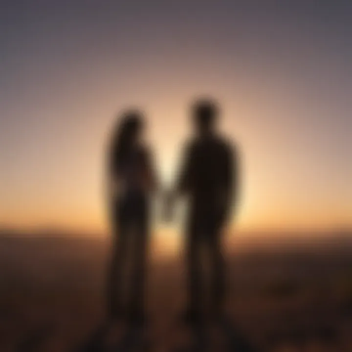 Silhouette of a couple standing together facing the sunset