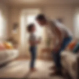 A father engaging in a playful activity with his child in a bright living room.