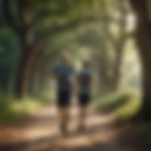 A serene outdoor scene with a person jogging on a tree-lined path