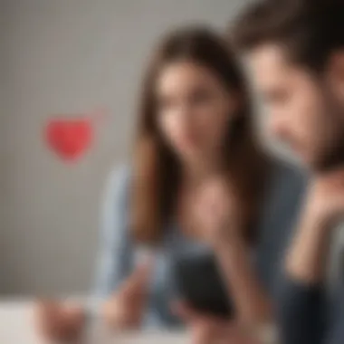 Woman staring at broken heart symbol on phone screen