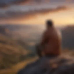 A contemplative figure overlooking a vast landscape at dawn, symbolizing introspection and exploration of purpose.