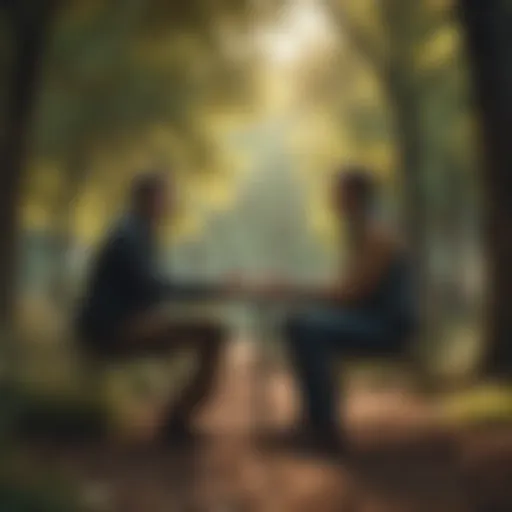 A serene park setting where two individuals engage in deep conversation.