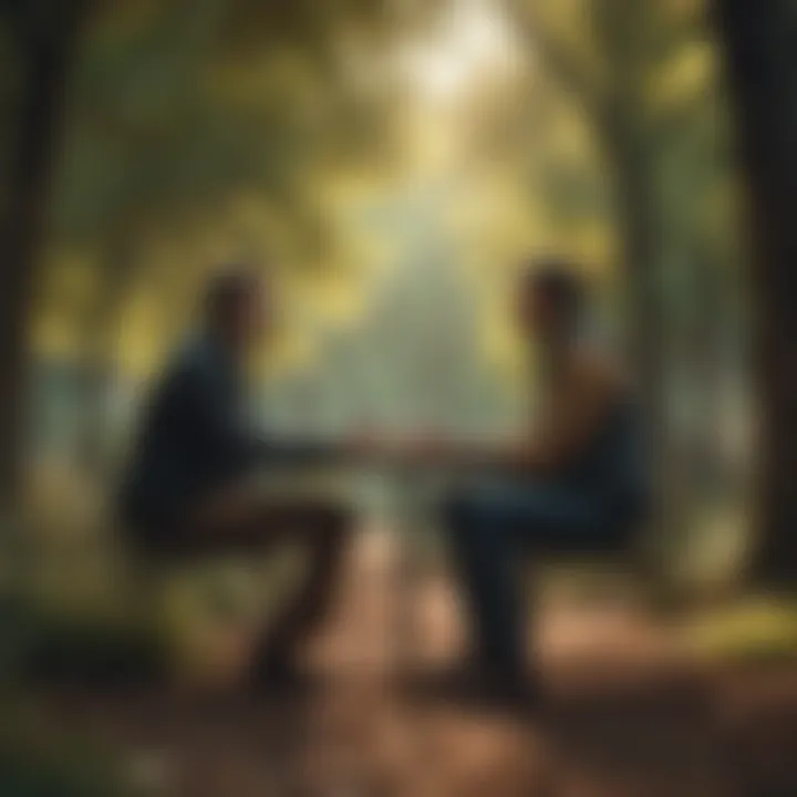 A serene park setting where two individuals engage in deep conversation.