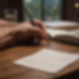 An open workbook with notes and a pen on a wooden table