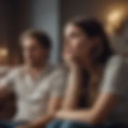 A couple sitting on a couch with one looking distressed