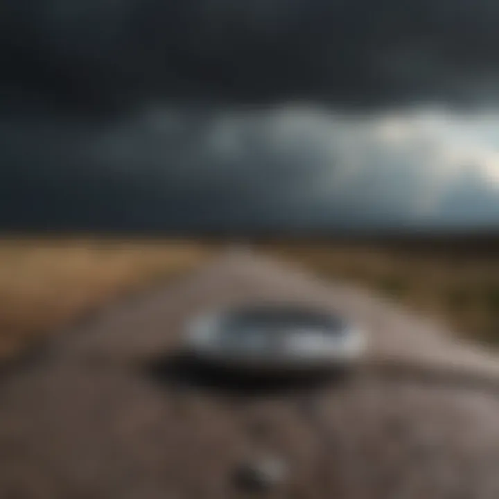 A compass pointing towards a difficult path with dark storm clouds overhead