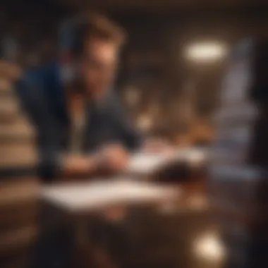 A thoughtful man journaling with books surrounding him