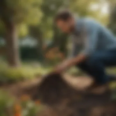 Conceptual image of a person planting seeds in a garden with roots intertwining and blossoming flowers