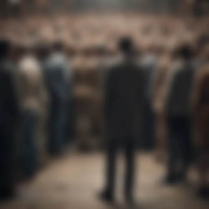 Lonely figure standing in a crowd of faceless individuals