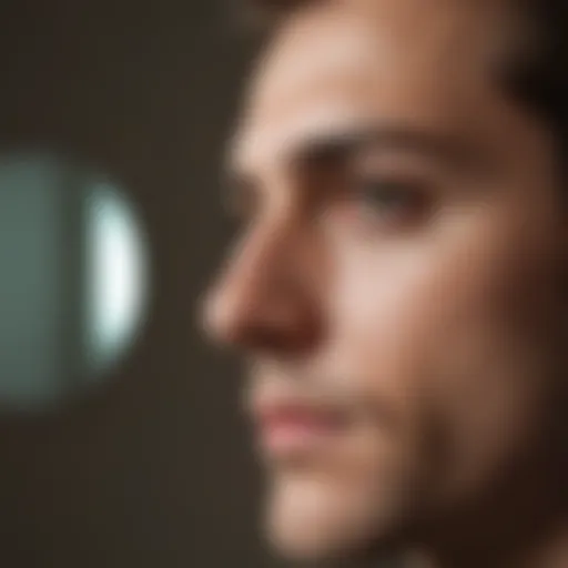 A close-up of a mirror reflecting a person looking at themselves.