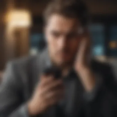 A person using a smartphone with a worried expression