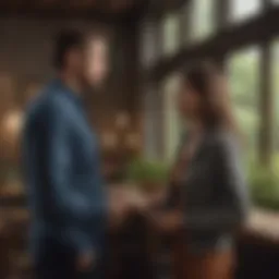 A serene couple engaged in deep conversation in a cozy setting