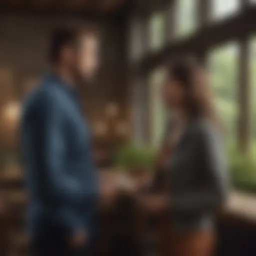A serene couple engaged in deep conversation in a cozy setting
