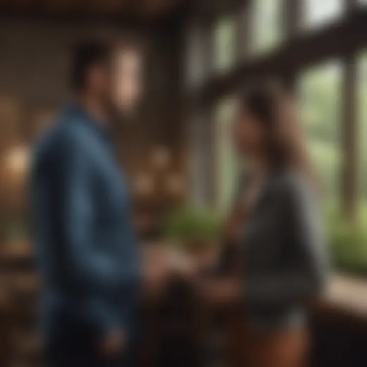 A serene couple engaged in deep conversation in a cozy setting