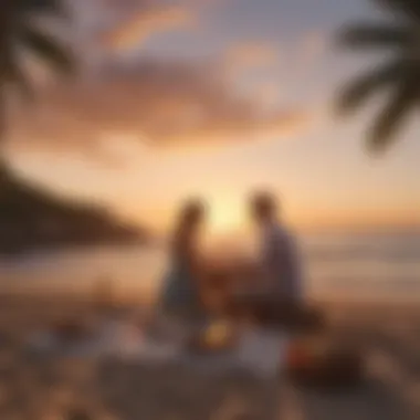 Couple enjoying a sunset picnic by the beach