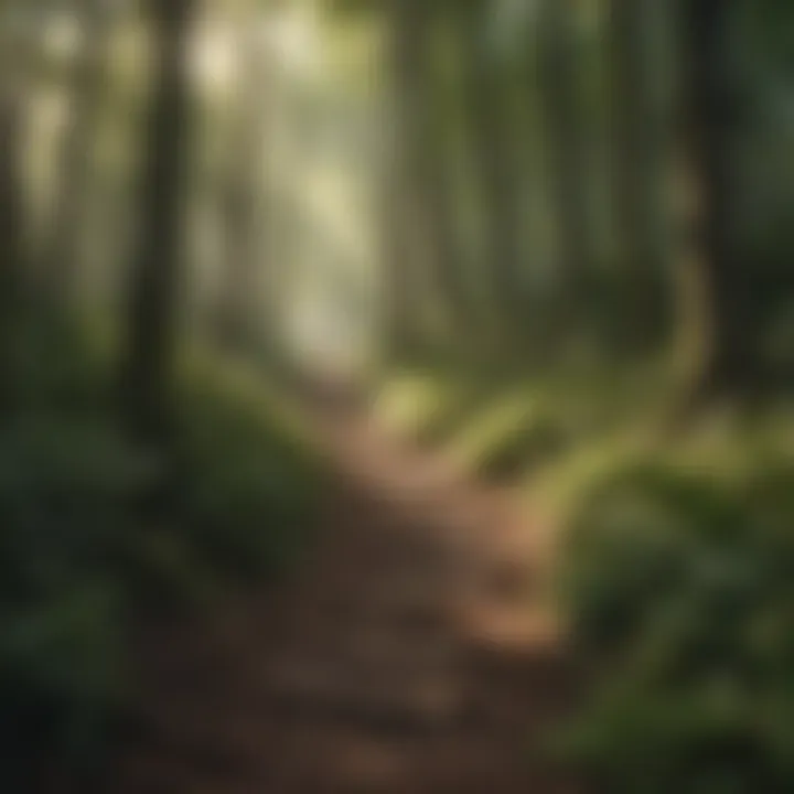 Path leading through a lush forest with sunlight filtering through the trees