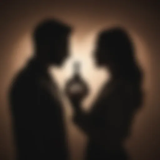 Silhouette of a couple with broken heart shadows