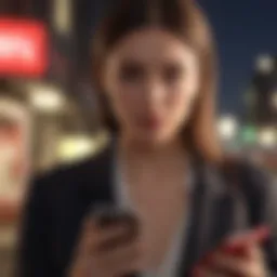 A woman looking concerned while checking her phone.