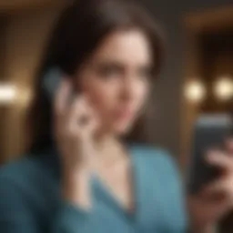 Woman looking at phone with suspicious expression