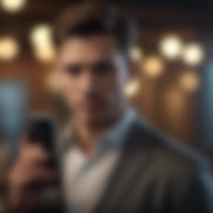 Man looking at phone with secretive expression