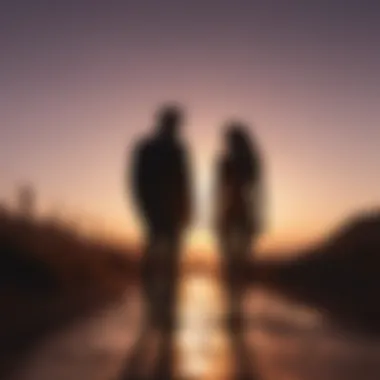 Silhouette of a couple facing away from each other against a sunset background