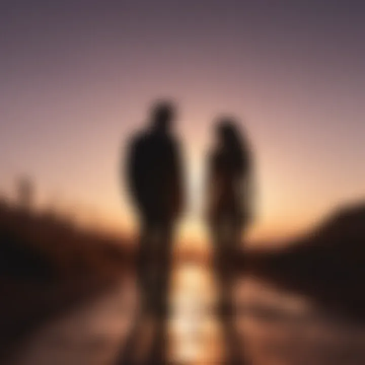 Silhouette of a couple facing away from each other against a sunset background