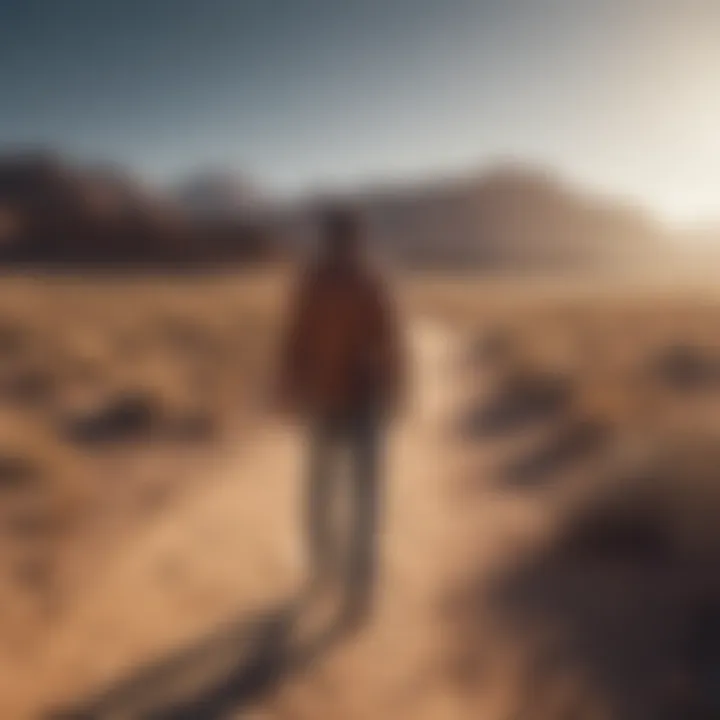 Artistic depiction of a man standing alone in a vast desert