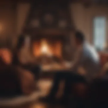 Couple engaging in deep conversation by the fireplace