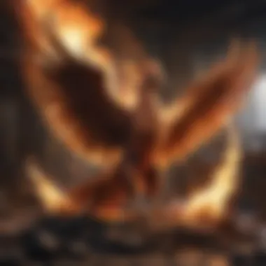 Symbolic phoenix rising from ashes, signifying rebirth and resilience