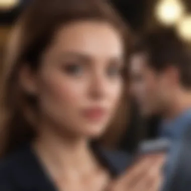 Woman glancing at her phone with a secretive smile