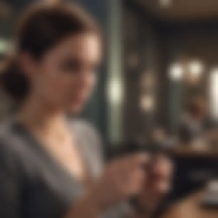 Woman typing on her phone with a secretive expression