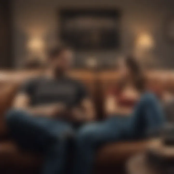 A couple sitting apart on a couch, showcasing communication breakdown.