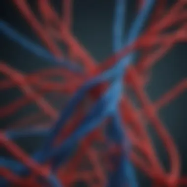 Interwoven Relationship Threads Illustration of tangled red and blue threads representing relationship dynamics