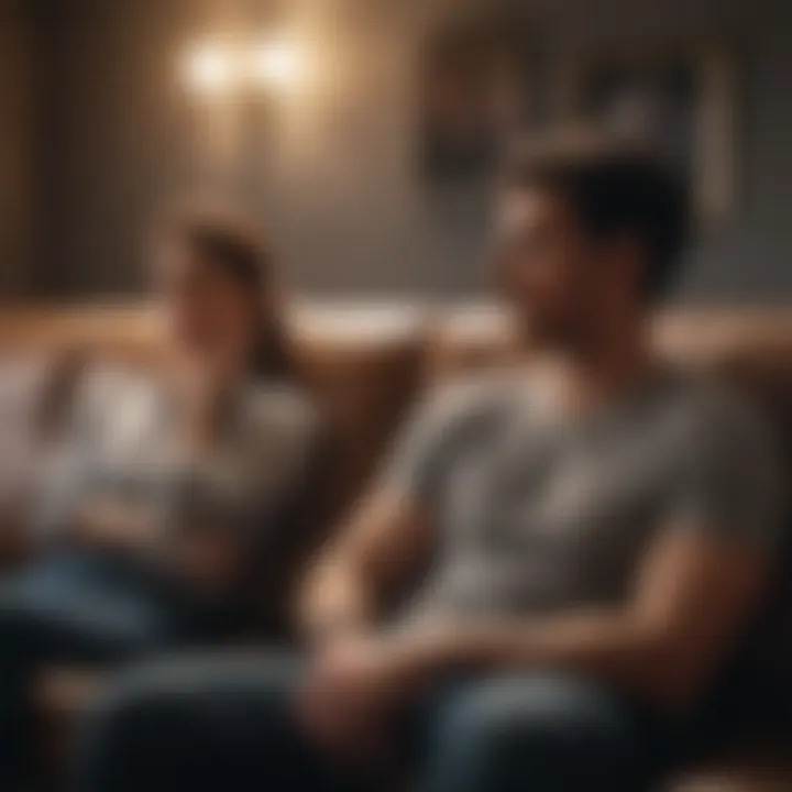 A couple sitting apart on a couch, showing emotional distance.