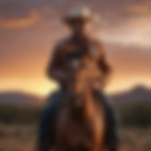 Texan cowboy riding into the sunset on horseback