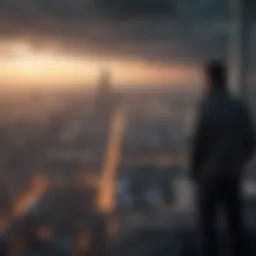 A solitary figure gazing at a city skyline, representing isolation.