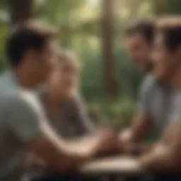 A group of individuals engaged in a supportive conversation outdoors