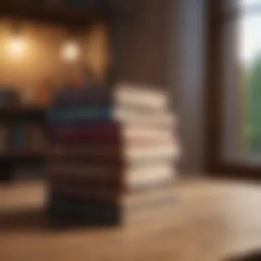 A stack of transformative books on a wooden table