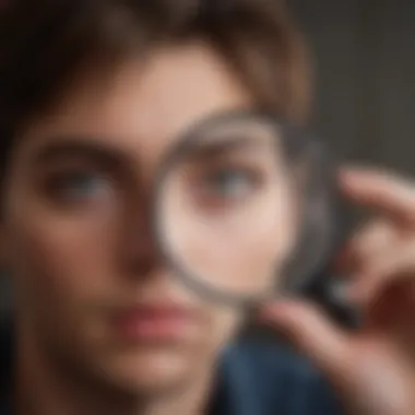 A magnifying glass highlighting suspicious behavior in a relationship