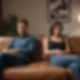 A couple sitting apart on a couch, illustrating emotional distance and distrust.