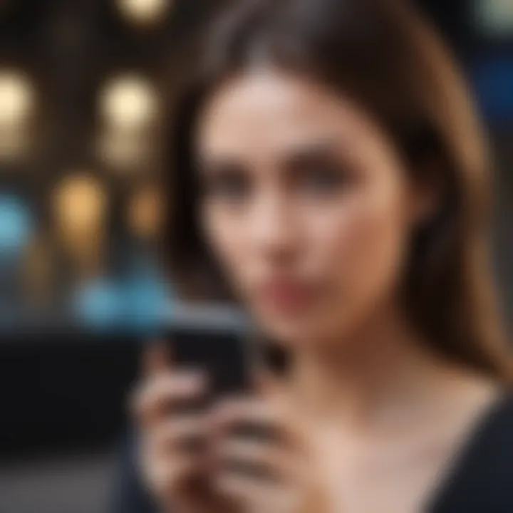 A woman texting on her phone with a secretive expression