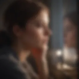A woman gazing at her reflection with a contemplative expression