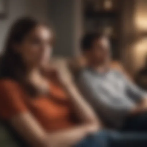 A couple sitting apart on a couch, illustrating emotional distance.