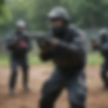 Adrenaline-Pumping Paintball Showdown Friends engaging in a friendly but intense paintball battle in an outdoor field