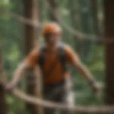 Friends navigating through a challenging ropes course in a forest setting