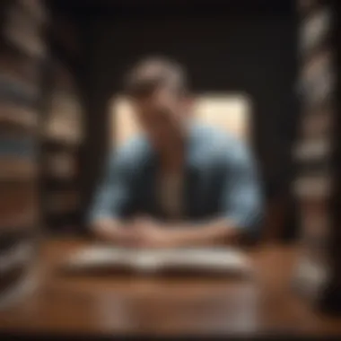 Illustration depicting a man in contemplation surrounded by books