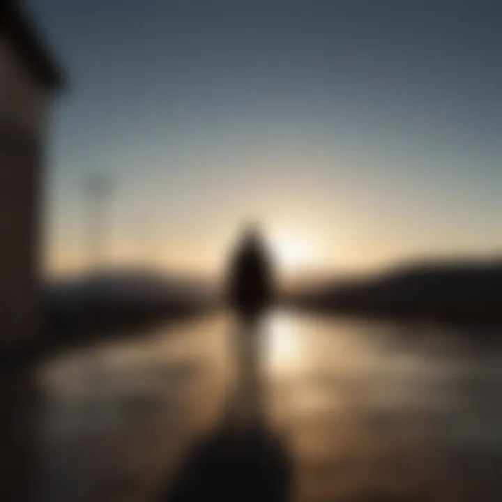 Silhouette of a person walking alone in a desolate setting