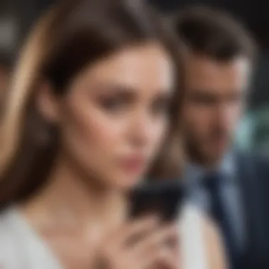 Woman looking at phone with secretive expression