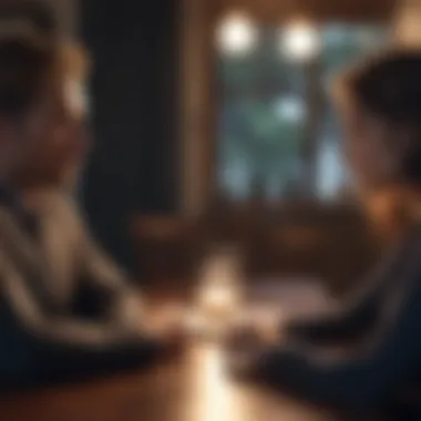 Awkward Silence Encounter Couple sitting at a table in silence, avoiding eye contact