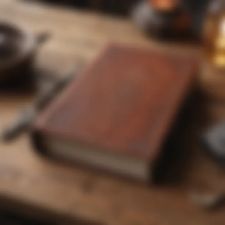 A vintage leather-bound book opened on a rustic wooden desk